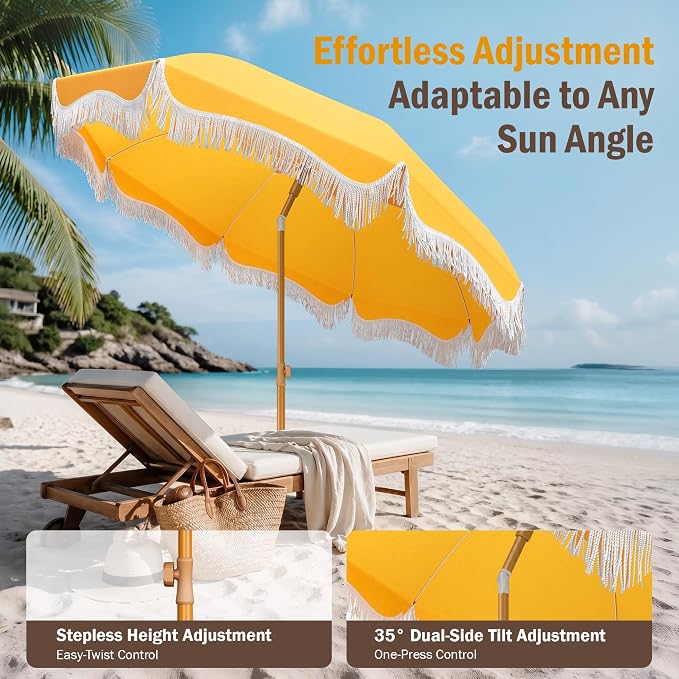 HERA'S PALACE 7 ft Heavy Duty Beach Umbrella with Sand Anchor, Fringe Umbrella for Sand, UV 50+, Patio Umbrella with Tilt Pole for Garden Pool Backyard