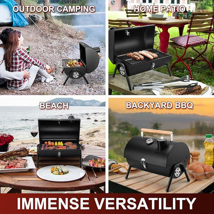 Joyfair Portable Charcoal Grill with Thermometer & Pre-seasoned Cast Iron Dutch Oven Set, Small Tabletop Barbecue Grill for Outdoor Camping, Camp Dutch Pot & Griddle Skillet, 5QT Pot & 2QT Lid