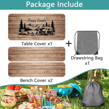 Picnic Table Cover with Bench Covers and Bag, Elastic Edges Waterproof Windproof Vintage Wood Camper Outdoor Tablecloth, RV Camping Essentials, Fitted 6FT Rectangle Tables and Seats, 3 Pcs, 30x96 Inch