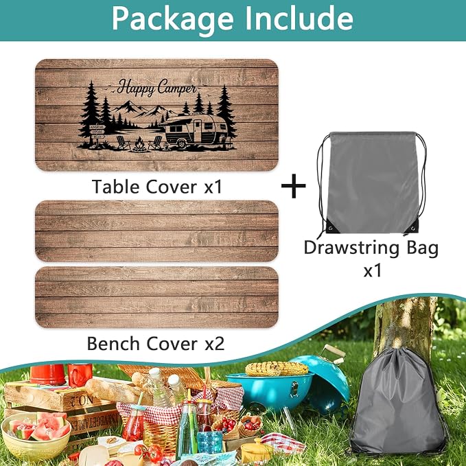 Picnic Table Cover with Bench Covers and Bag, Elastic Edges Waterproof Windproof Vintage Wood Camper Outdoor Tablecloth, RV Camping Essentials, Fitted 6FT Rectangle Tables and Seats, 3 Pcs, 30x60 Inch