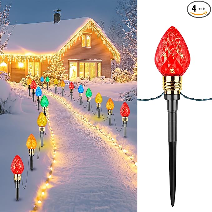 Brightown 4 Pack Strawberry C9 Christmas Pathway Lights Outdoor - Total 69.6 Feet 40 LED Christmas Walkway Light, Christma Light Outdoor Decorations for Yard Lawn Holiday Outside, Multicolor