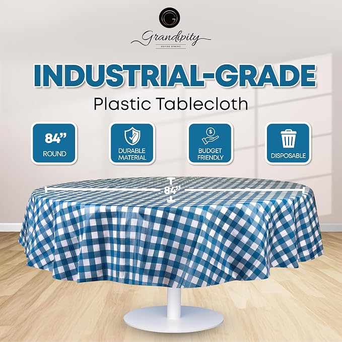 Grandipity 12 Pack Premium Disposable Plastic Picnic Tablecloth 84" Inch Decorative Round Table Cover - Blue Checkered Gingham