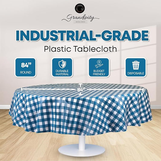 Grandipity 12 Pack Premium Disposable Plastic Picnic Tablecloth 84" Inch Decorative Round Table Cover - Blue Checkered Gingham