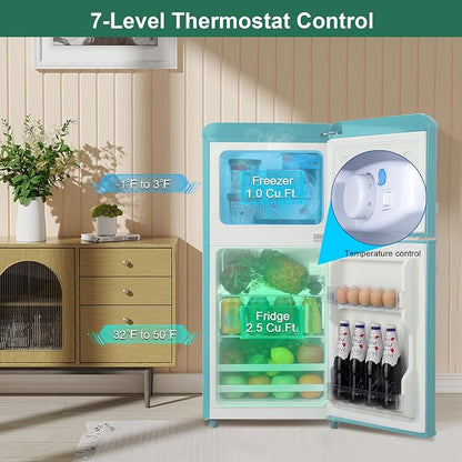 Retro Fridge with Freezer, 3.5 Cu. Ft. Mini Fridge Mint Blue | Small Refrigerator with 7-Level Adjustable Thermostat, Retro Compact Refrigerator 2-Door Fridges for Apartment/Dorm/Office/RV