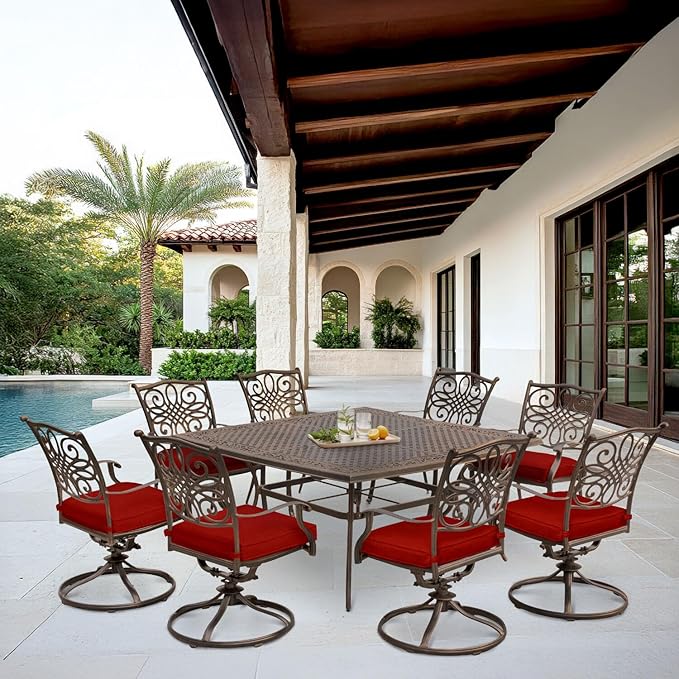Hanover Traditions 9-Piece Patio Dining Set, Rust-Free Aluminum Outdoor Dining Set with Autumn Berry Cushions, 8 Swivel Rockers and Aluminum Square Dining Table, All-Weather Outdoor Dining Set for 8