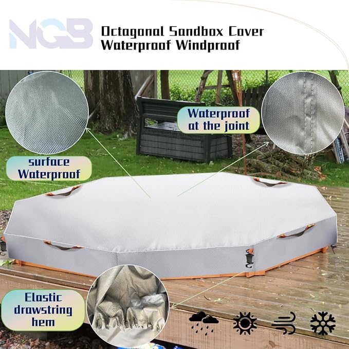 Octagon Sandbox Cover,Oxford Cloth Waterproof, Windproof and Dustproof, Equipped with a Waist Adjustable Hook and a Bottom Adjustable Drawstring,Protect Sandbox Sand and Toys(Silver,85"x79"x9")
