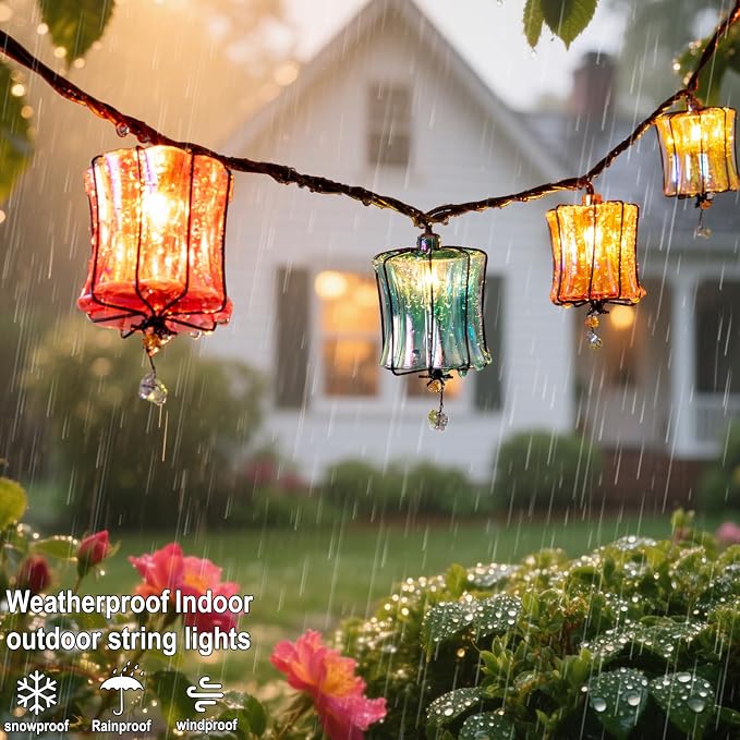 Outdoor String Lights Plug in with 10 Incandescent Bulbs, Multicolor Patio Lights Connectable Weatherproof Decorative Lantern String Lights for Gazebo Porch Bedroom Cottagecore Decor