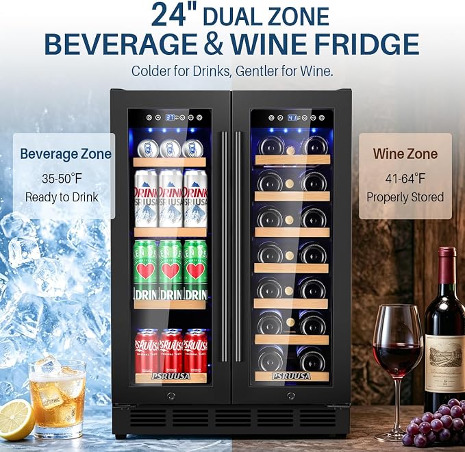 24 Inch Wine and Beverage Refrigerator Dual Zone Wine Fridge Beverage Cooler Holds 88 Cans and 20 Bottles, Seamless Frame, Built-In or Freestanding with Glass Door for Kitchen, Home Bar