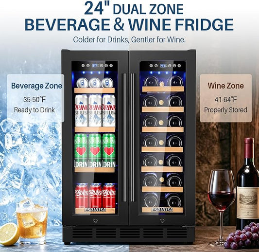 24 Inch Wine and Beverage Refrigerator Dual Zone Wine Fridge Beverage Cooler Holds 88 Cans and 20 Bottles, Seamless Frame, Built-In or Freestanding with Glass Door for Kitchen, Home Bar