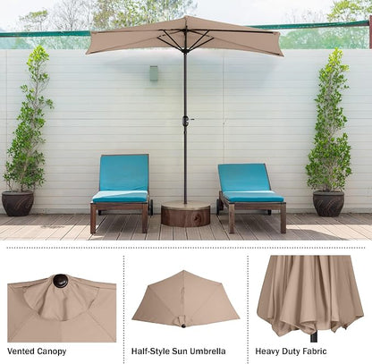 Pure Garden Half Umbrella Outdoor Patio Shade, Beige, 9ft