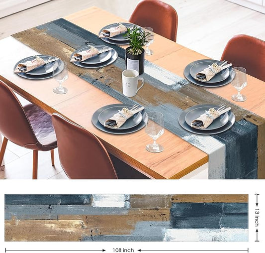 Emvency Modern Table Runner, Navy and Gold Abstract Oit Painting for Kitchen Coffee Table Family Dinners Holiday Parties Wedding Events Decor(13x72 inch)