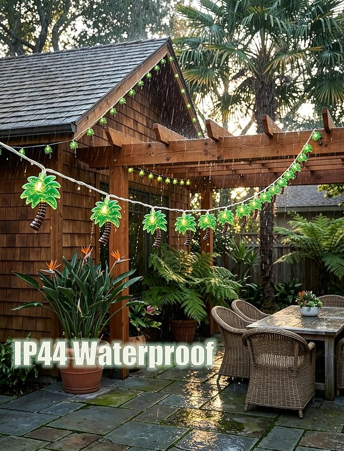 8.5Ft Palm Tree Lights Outdoor, Patio Lights String with 10 LED Summer Beach Themed Lights for Indoor Bedroom Tiki Party Decor, White Wire