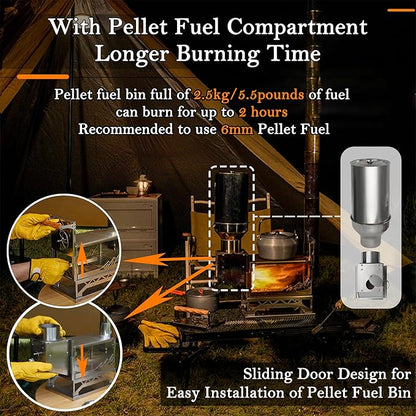 windhike Ultralight Pellet Stove - 18 lbs Portable Hot Tent Wood Stove, Small Stainless Steel Camping Burning Stove with 8 Chimney Pipes for Outdoor Heating, Cooking, Hunting & Ice Fishing