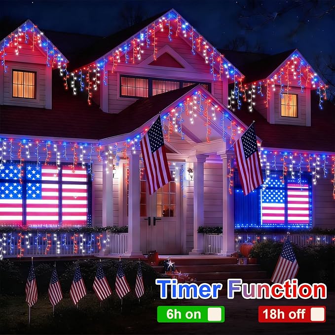 YEGUO 33ft 400 LED Red White and Blue Icicle Lights, 80 Drops 4th of July Icicle Lights for Outside Connectable, 8 Modes Clear Wire Independence Day String Light Indoor with Memory