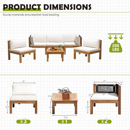 Greesum 6 Pieces Small Patio Sofa, Acacia Wood Frame, Padded Patio Conversation and Chairs Set for Garden, Backyard, Poolside, Beige
