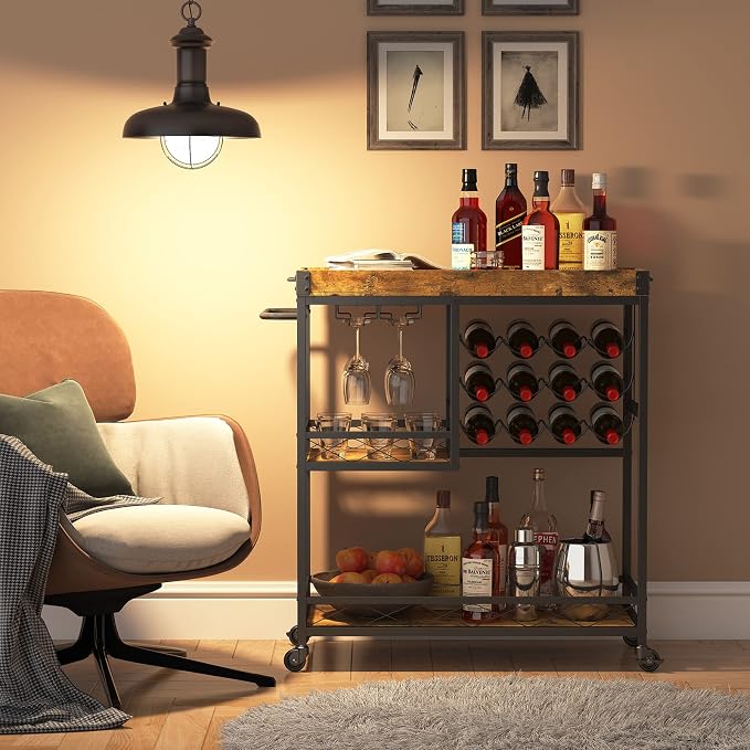 Lifewit 3 Tier Bar Cart with 12 Wine Racks, Serving Trolley, Rustic Brown | Home serving drink cart with removable tray, liquor beverage storage for kitchen dining living room, 30 x 15.7 x 36.6 inch