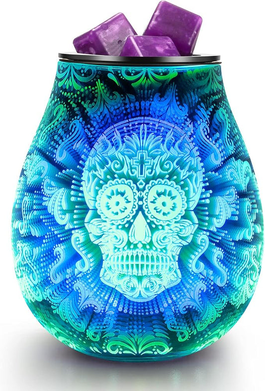 Inrorans Glass Electric Wax Melt Warmer Oil Burner with Stable Heating PTC Reusable Silicone Tray 7 Colorful Changing Led Light Night Light Scent Warmer for Home Fragrance Warmers-Skull