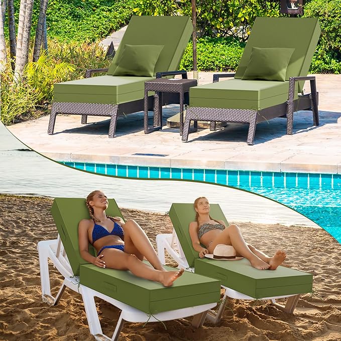 Outdoor Water-Resistant Olefin Chaise Lounge Cushions with Pillow, Weather and Fade Resistant Patio Furniture Lounge Chair Cushion Ideal for Patio, Lawn, Garden, Matcha, 80" L x 26" W x 5" T