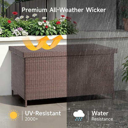 ONBRILL 158 Gallon XL Deck Box with Lid, All Weather Wicker Outdoor Storage Box Waterproof, Large Outdoor Patio Storage Bin for Cushions, Garden Tools, Gears, Brown