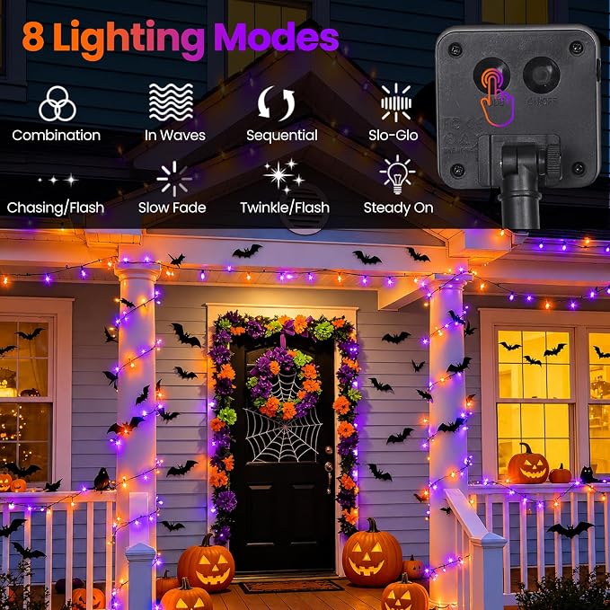 Solar Halloween Lights Outdoor Solar String Lights Waterproof for Halloween Decorations, Total 100LED 45FT for Garden Yard Pathway Fence, Orange Purple 8 Modes 50LED x 2 Pack