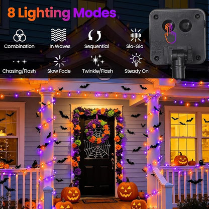 Solar Halloween Lights Outdoor Solar String Lights Waterproof for Halloween Decorations, Total 100LED 45FT for Garden Yard Pathway Fence, Orange Purple 8 Modes 50LED x 2 Pack