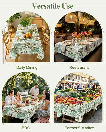 Seenus Summer Tropical Palm Leaf Tablecloth for Hawaiian Aloha Luau Party, Waterproof & Wipeable Eucalyptus Table Cloth with Flannel Backing for Outdoor BBQ & Patio Decor, Rectangle 60x84 Inch