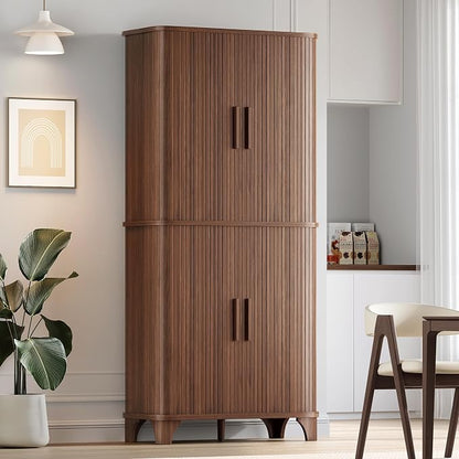 Decofy 69" Tall Kitchen Pantry Storage Cabinet with Sliding Door, Modern Curved Edge Pantry Storage Cabinet with 5 Shelves, Cupboard for the Kitchen, Dining Room, Bedroom, Living Room, Office (Walnut)