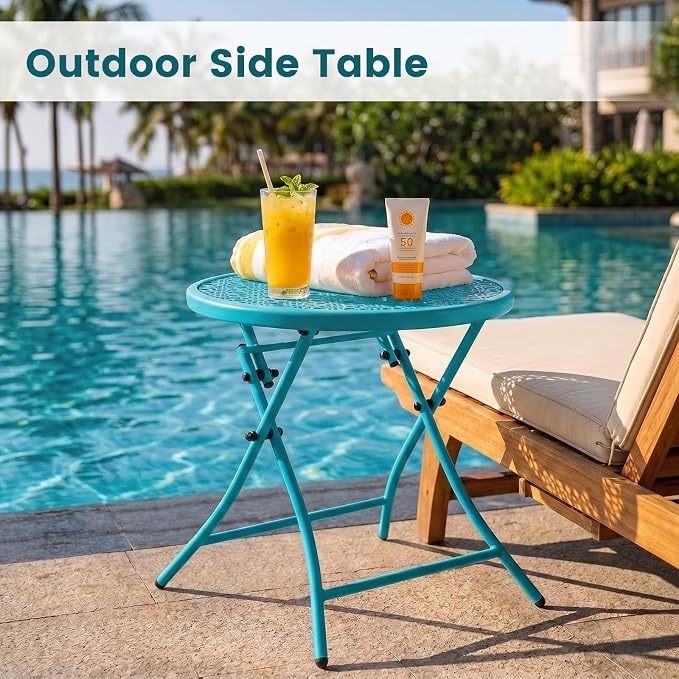 TeoKJ Folding Outdoor Side Table, No Assembly Patio Table with Cutouts | Metal Round Anti Rust Patio Desk, Small Nightstand with Flower Cutouts, for Yard, Balcony, Lawn, Pool, Lightweight, Blue