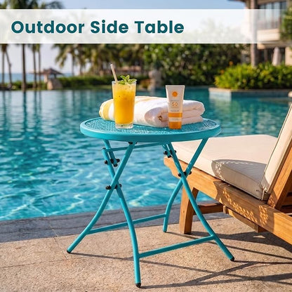 TeoKJ Folding Outdoor Side Table, No Assembly Patio Table with Cutouts | Metal Round Anti Rust Patio Desk, Small Nightstand with Flower Cutouts, for Yard, Balcony, Lawn, Pool, Lightweight, Blue