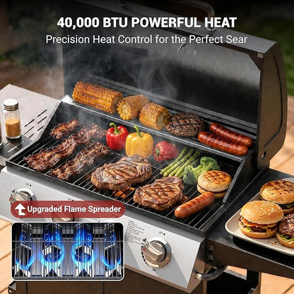 HUGROVE 4 Burner Propane Gas BBQ Grill with Wheels, 40,000 BTU Output Stainless Steel Barbecue Grill for Backyard & Outdoor Cooking Easy to Assemble, Foldable Side Tables & Spice Rack (Black)