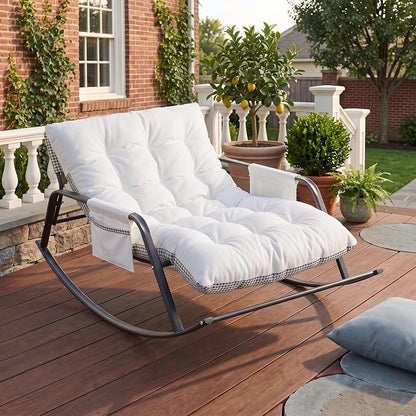 Rocking Papasan Chair, Leather Upholstered Lounge Chair, Beige | Extra-Wide Rocking Chair with Technical Leather Upholstery, Sturdy Frame and Smooth Glide for Indoor / Outdoor Scenes