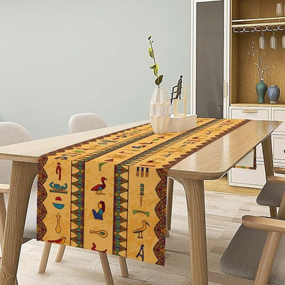 Vintage Ancient Egypt Table Runner Retro Old Egyptian Hieroglyphics Floral Geometric Mysterious Egypt Culture Dinner Runner for Farmhouse Coffee Kitchen Dining Holiday Party Décor 13x36in