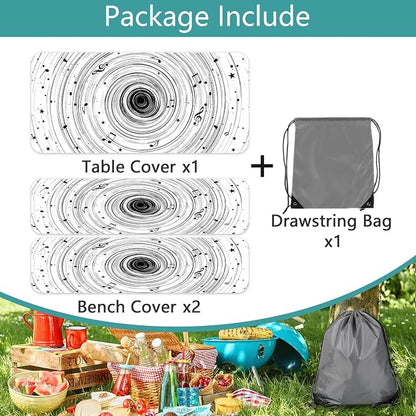 Picnic Table Cover with Bench Covers Camping Essentials Abstract Art Cosmic Vortex Pattern Waterproof Oilproof Fitted Camping Tablecloth Cover with Elastic Edge for Indoor Outdoor 3 PCS 30x96 Inch