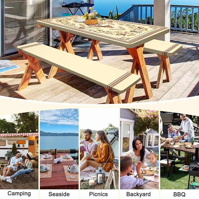 Picnic Table and Bench Cover Set, Waterproof Fitted Elastic Cloth | Portable Camping Essentials With Built-In Storage Pocket And Waterproof Fabric For Outdoor RV Or Picnic Table Use