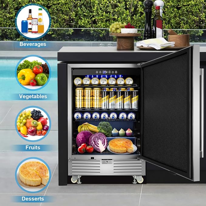 FoMup 24" Undercounter Outdoor Beverage Fridge, Stainless Steel with Wheels | Waterproof exterior, 180 cans capacity, for outdoor kitchen patio, Digital thermostat, Adjustable shelves, Safety lock