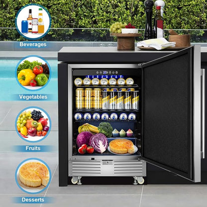 FoMup 24" Undercounter Outdoor Beverage Fridge, Stainless Steel with Wheels | Waterproof exterior, 180 cans capacity, for outdoor kitchen patio, Digital thermostat, Adjustable shelves, Safety lock