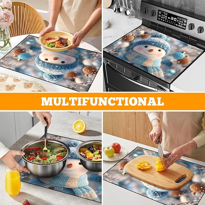 Christmas Multi-Design Stove Cover for Glass/Electric Stoves - 3-in-1 Heat-Resistant Protector Mat, Non-Slip Drying Rack 28"x20"