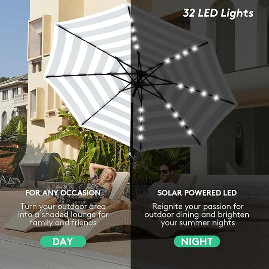 JEAREY 9FT Outdoor Patio Umbrella with Solar Lights, LED Lighted Pool Umbrella with Tilt and Crank, Outdoor Table Umbrellas for Deck, Yard & Market (Black & White Stripe)