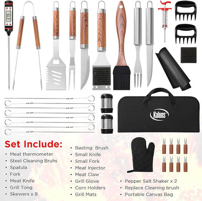 Kaluns 35PC BBQ Grill Tools Set – Heavy Duty Stainless Steel Grill Accessories Kit with Case, Meat Thermometer, Injector, Claws & Mats for Dad, Men