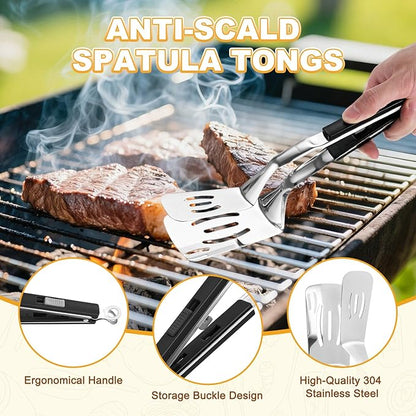 M METERXITY Spatula Tongs, 13.4 Inch 304 Stainless Steel Anti-Scald Extended Multifunctional Flipper Grill Clamp for Cooking/Barbecue, Kitchen Cooking Tongs [Black Handle, Silver Tone]