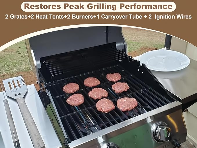 BBQ-PLUS Grill Replacement for Charbroil Performance 2-Burner 463630021 463654022 463655621 463660421, 17" Cast Iron Cooking Grates, Stainless Steel Heat Plates, Burner Tubes & Igniters Parts Kit