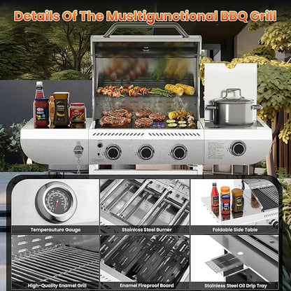 Premium 3-Burner Propane Gas Grill with Side Burner | 34,000 BTU Stainless Steel Outdoor BBQ Grill with Thermometer & Casters for Patio, Camping, Backyard Parties