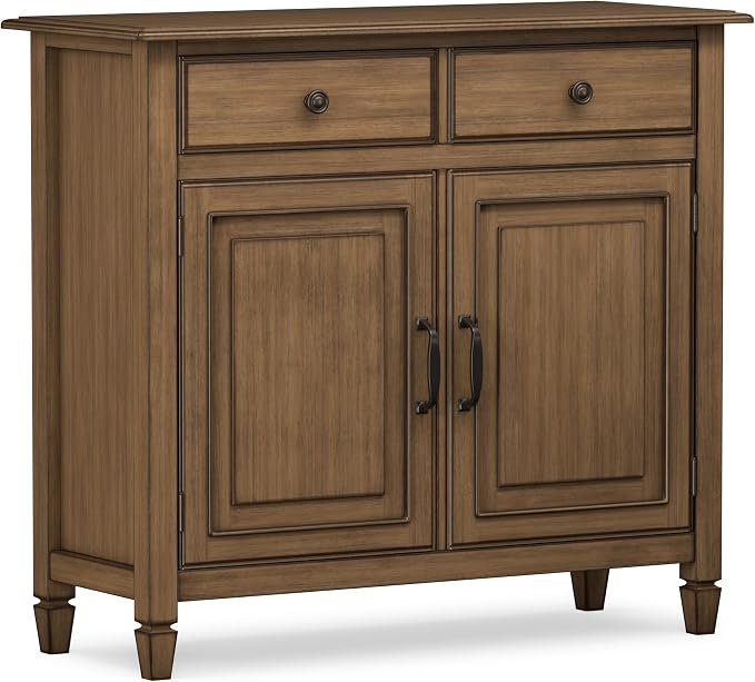 SIMPLIHOME Connaught 40" Solid Wood Cabinet in Rustic Natural Aged Brown | Traditional slim entryway and living room organizer for hats, gloves, shoes and keys with space-saving storage design.