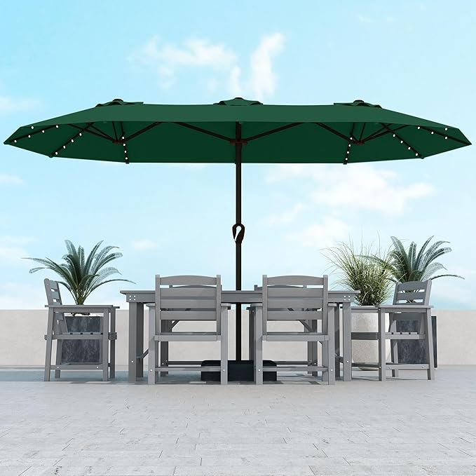 Kingdura 15ft Large Patio Umbrella with Solar Lights, Double-Sided Rectangle Outdoor Table Umbrella with Base Included, 12 Reinforced Ribs, 48 Led Lights, Crank Lift for Market Pool Deck, Dark green