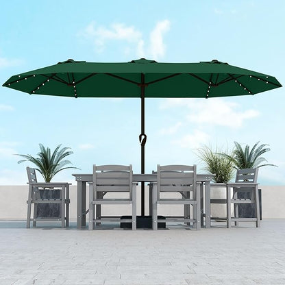 Kingdura 15ft Large Patio Umbrella with Solar Lights, Double-Sided Rectangle Outdoor Table Umbrella with Base Included, 12 Reinforced Ribs, 48 Led Lights, Crank Lift for Market Pool Deck, Dark green