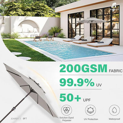 JEAREY 9' 2-Tiers Patio Umbrellas Outdoor Table Market Umbrella w/Push Button Tilt/Crank, 8 Sturdy Ribs, UV Protection Waterproof Sunproof(Fog Gray)