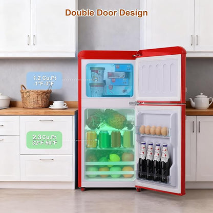 Retro Mini Fridge with Freezer 3.5 Cu. Ft, Small Refrigerator with 7 Level Adjustable Thermostat, Compact Classic Dual Door Fridge Removable Glass Shelves for Apartments, Dorm, Office, Red