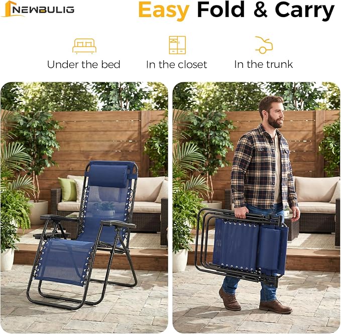 NEWBULIG Zero Gravity Chairs Set of 4, Folding Lounge Chair, Navy Blue | Portable Lawn Camping Recliner with Adjustable Pollow, Mesh Back, Cup Holder Trays for Pool Beach Patio