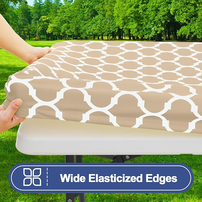 Smiry Picnic Table Cover with Bench Covers, Waterproof Elastic Fitted Tablecloth for 6 Foot Tables, Washable Polyester Tablecloths for Camping, Indoor & Outdoor (Khaki, 30x72 Inch 3-pc Set)