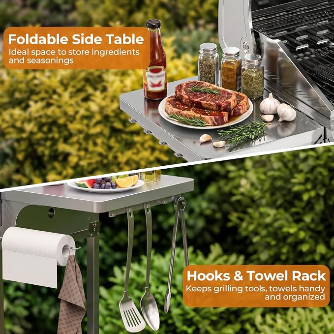 Kismile 3 Burner Propane Gas Grill, 24,000 BTU Stainless Steel BBQ Grill | Foldable Side Tables & Porcelain-Enameled Grates, Barbecue Grill with Wheels for Outdoor Cooking, Camping, Patio